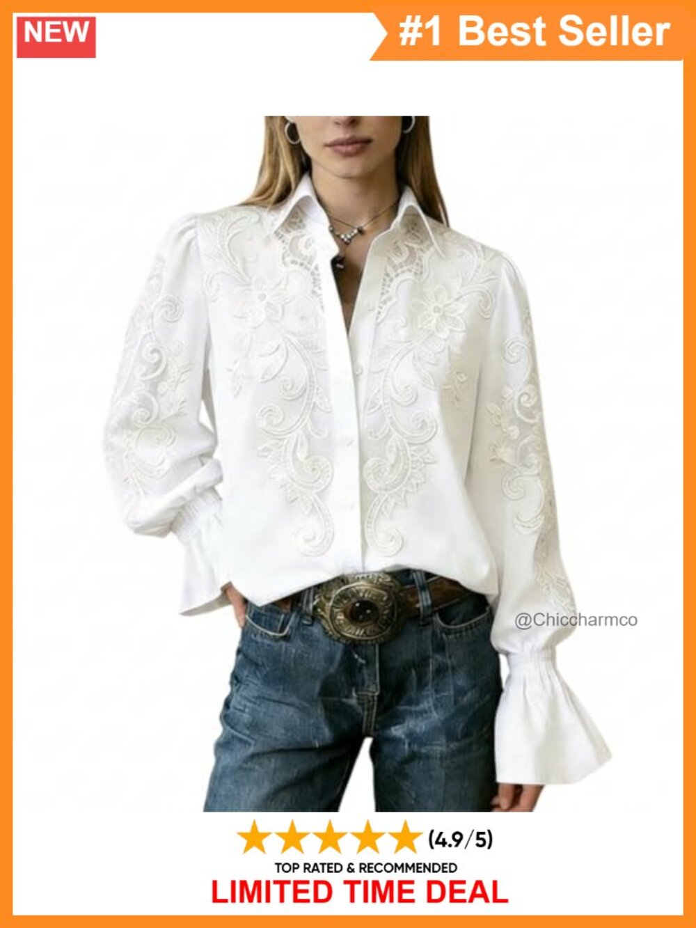 Floral Embroidered V-Neck Blouse with Flare Ruffled Cuffs Long Sleeve
